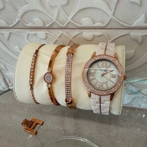 Anne Klein Swarovski Crystal Rose Gold-Tone Light Pink Ceramic Watch/ Bracelets